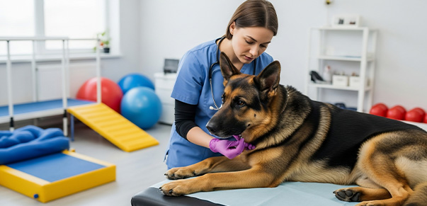 veterinarian examining German Shepherd dog during physical therapy session in modern clinic environment