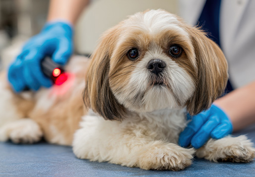 dog receiving laser therapy at veterinary clinic with two hands visible in background